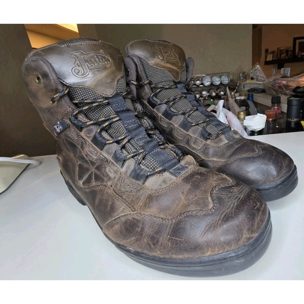 Justin Boots Mens Brown Leather Lace Up Work Hiking Boots Distressed Western